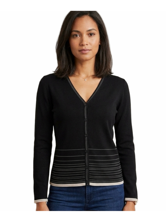Cleo Sweaters - Women's Cleo light knit Cardigan Sweater XL Black Beige V-Neck Button Down 1829